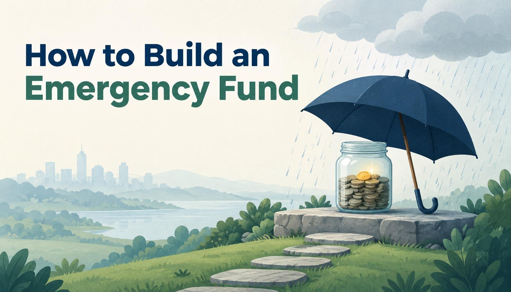 "How to Build an Emergency Fund": a coin jar under a navy umbrella at the end of a stone path in light rain