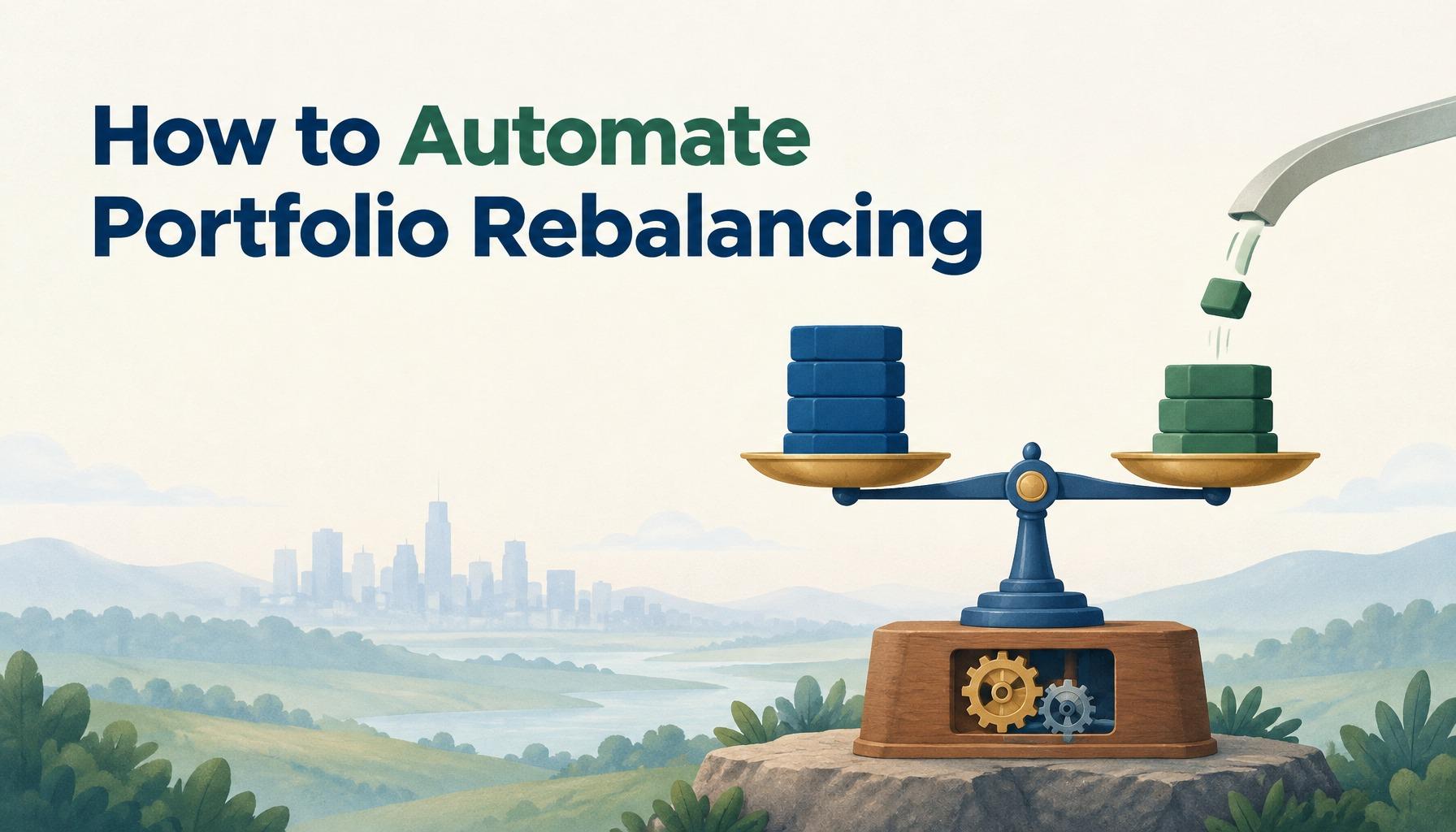 "How to Automate Portfolio Rebalancing": a level balance scale with gears in its base as a chute drops in a green block