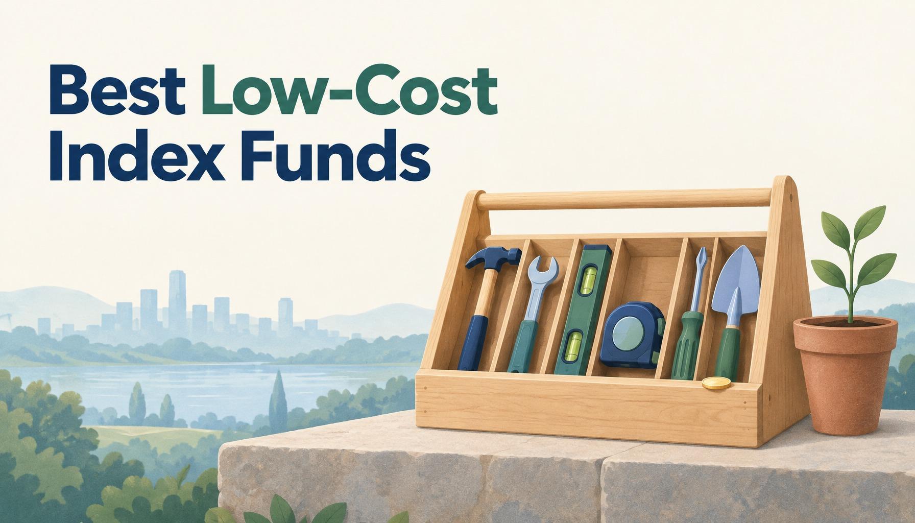 "Best Low-Cost Index Funds": a tidy wooden toolbox with six simple tools, each in its own slot, beside a sprout