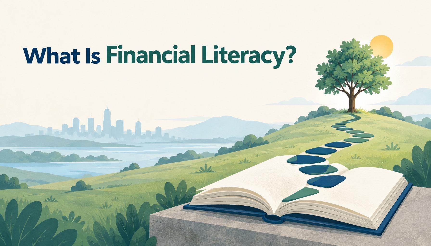 "What Is Financial Literacy?": an open book whose pages unfold into a stepping-stone path toward a young tree
